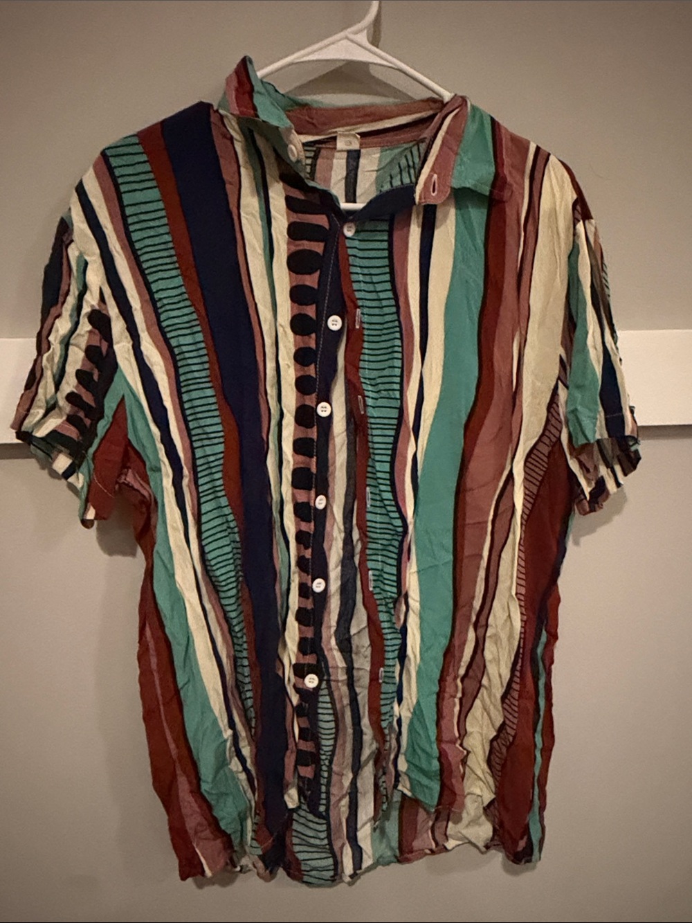 Men's Striped Short-Sleeve Button-Up Shirt in Teal, Rust & Navy